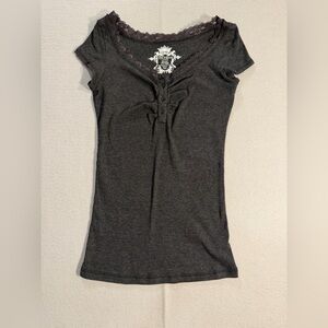 Y2K Style Women's Short Sleeve Henley Top in Black Soot w/Lace Trim